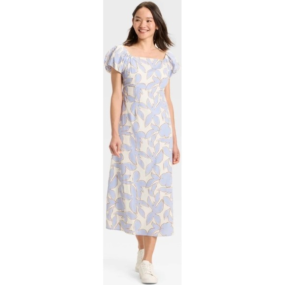 A New Day XL Midi Dress Blue Floral Puff Sleeve Square Neck Smocked Casual NWOT - Picture 1 of 11